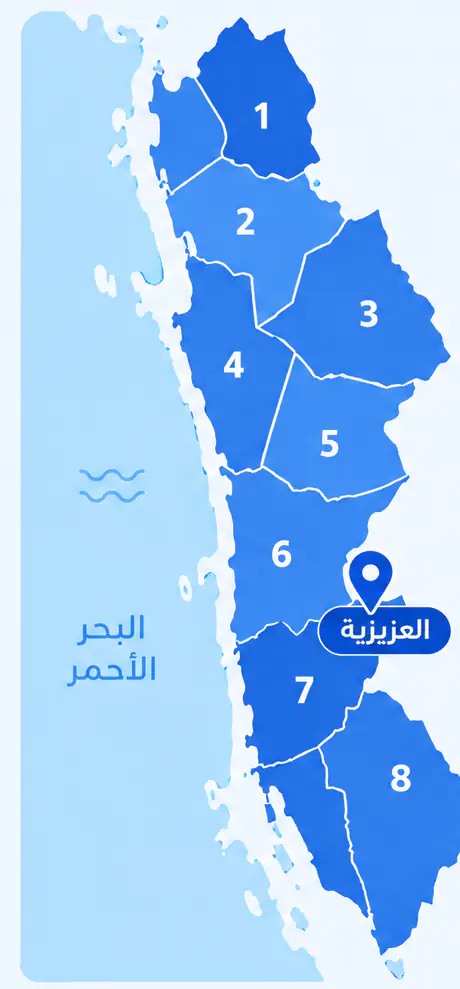 خريطة جدة مقسّمة إلى قطاعات، ومقر الرابح في العزيزية